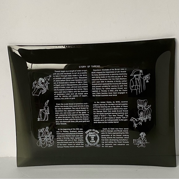 Coats And Clark STORY OF THREADS 1962 Smoky Gray Art Glass Plate Dish Tray 7”x9” - Picture 2 of 12